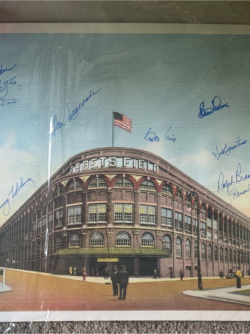 Ebbets Field Vintage Stadium Print with Signatures - Blue Sky